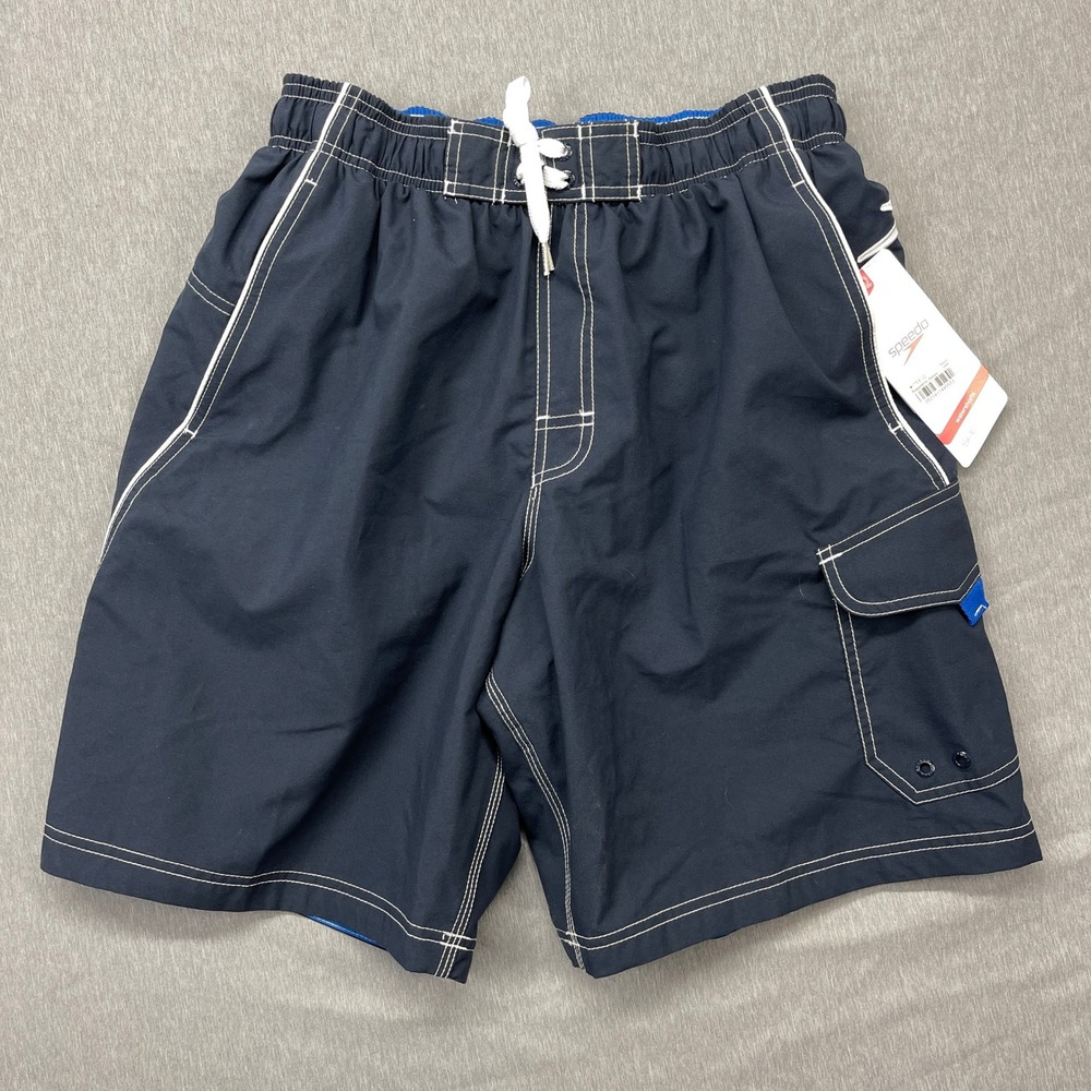 Speedo Boys Swim Trunks Size M Navy Blue White Stitching Cargo Pocket Drawstring
